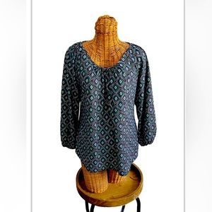 Jude Connally Nylon Geometric Print Blouse Top Size S Blue Black White Diamond